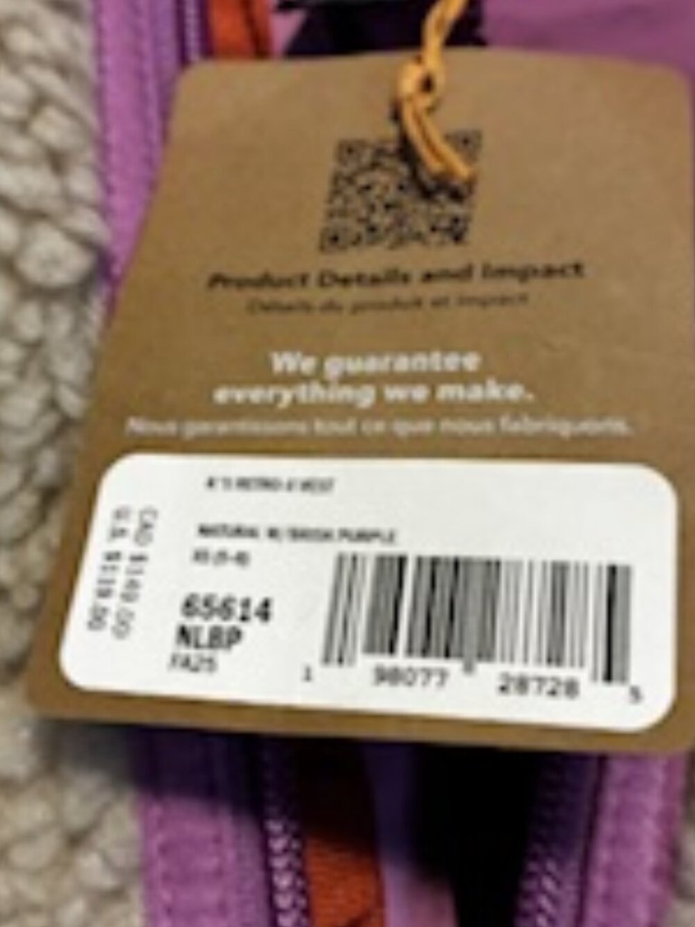 Patagpnia Retro X Fleece Childs Vest, Beige & bright purple lining, Size XS - Picture 4 of 7